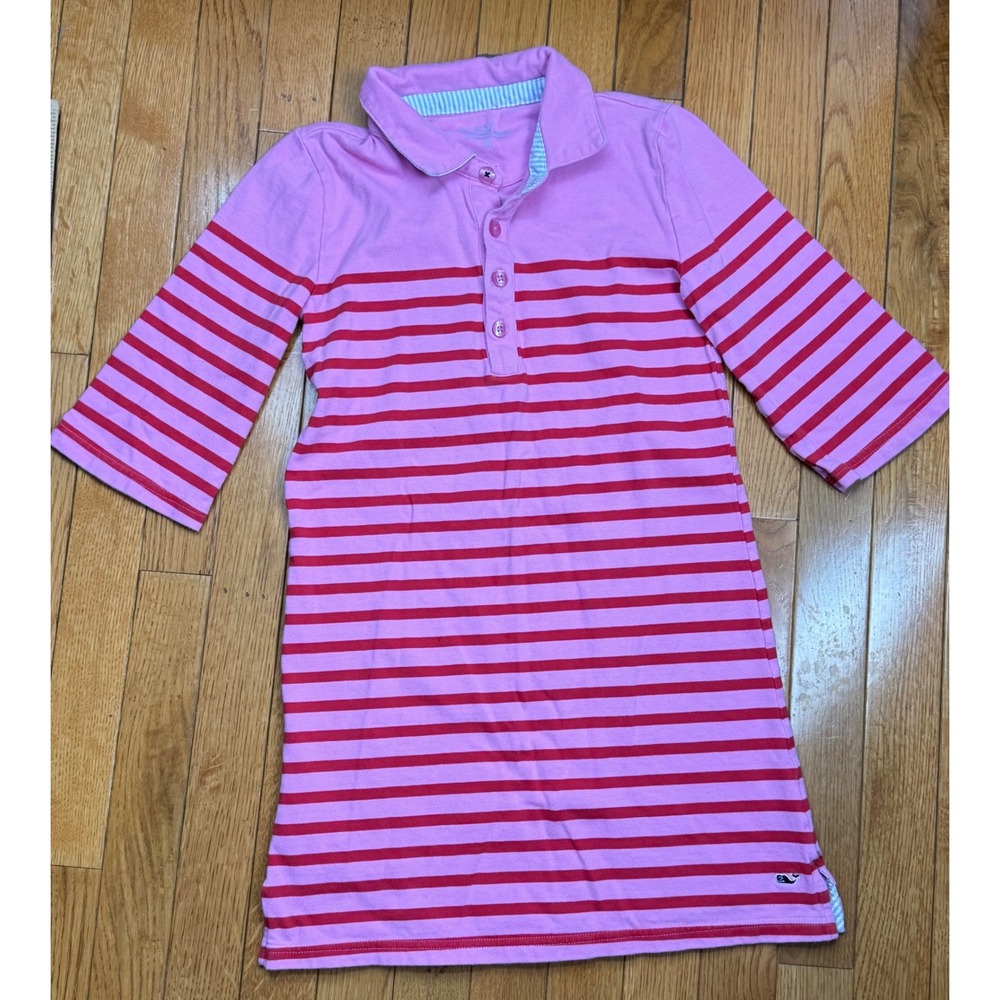Vineyard Vines Girls Pink Red Striped Polo Dress M 10-12 3/4 Sleeve 7Q001327